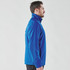 A blue men's rain jacket with a 1/4 zip and collar, featuring a logo on the front.