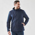 A men's rain jacket in navy blue, featuring a hood and a zip-up front, displayed on a model. Contains a logo.
