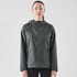 A dark grey women's wind jacket with a hood, featuring a front zipper and a minimalistic design.