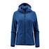 A blue women's full zip hoody with a hood and zippered pockets. It features a logo on the front.