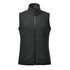 A dark green women's vest with a high collar and zippered front, featuring side pockets and a logo.