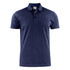 A navy men's cotton polo shirt with a collar and three-button placket, featuring a logo.