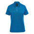 A vibrant blue women's polo shirt with a classic collar and three buttons, featuring a logo on the chest.