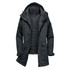 A dark green women's jacket with a removable inner layer and hood, featuring multiple pockets and a branding logo.