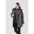 A grey women's 5-in-1 system jacket featuring a hood and multiple pockets, modelled by a woman.
