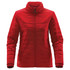 A red women's quilted jacket with a zip front and high collar, featuring a logo on the chest.