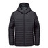 A black quilted hoody with a zip front and adjustable hood, featuring a logo on the chest.