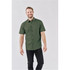 A man wearing a short-sleeved, dark green button-up shirt with a subtle pattern and a logo.