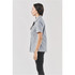 A grey women's button-up shirt shown from the side, featuring a logo on the pocket area.