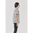 A button-up shirt in grey, featuring short sleeves and a slim fit, with a logo on the chest area.