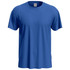A blue men's classic T-shirt featuring a round neckline and short sleeves, with a tag inside and a logo.