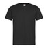 A black heavyweight crew neck t-shirt with short sleeves and a tag inside. It features a logo on the label.