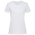 A white women's heavyweight comfort T-shirt with a crew neck and short sleeves. It features a logo on the label.