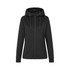 A black women's recycled scuba jacket with a hood, featuring a front zipper and drawstring adjustments.