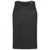 A black men's active sports top without sleeves, featuring a simple design and a logo on the upper side.