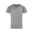 A grey short-sleeved T-shirt made from recycled materials, featuring a logo.