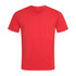 A red crew neck t-shirt with short sleeves and a small logo on the neckline.