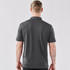A men's polo shirt in dark grey, featuring a classic collar and a logo on the back.