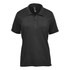 A black women's polo shirt with a collar, featuring short sleeves and a logo.