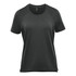 A women's short sleeve tee in dark grey, featuring a simple design and a logo.