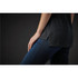 A close-up of a women's crew neck tee in dark grey with subtle stripes, paired with blue jeans.