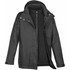 A black 3-in-1 parka jacket featuring a zip-out fleece liner and a hood, with a logo on the sleeve.