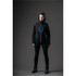 A black women's jacket featuring blue accents, equipped with a hood and multiple pockets. It includes branding.