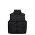 A black puffer vest featuring a high collar and two front pockets, with a zip closure and branding.