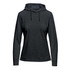 A dark grey women's pullover hoody with a front pocket and drawstring hood. Features a logo.