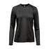 A women's long-sleeve crew neck shirt in dark grey, featuring a simple design and a logo.