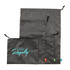 A set of grey toiletry bags in various sizes, featuring a logo on the largest bag.