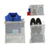 Recycled cotton mesh cinch pouches in grey, containing clothing, shoes, and a drink bottle, with a logo on one pouch.