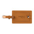 A brown bio leather luggage tag with a strap, featuring a logo in a simple design.
