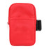 A drink bottle pouch in bright red, featuring a zippered compartment and a strap on the side. It has a logo.