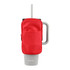 A drink bottle pouch in red, with a zippered pocket, designed to hold a water bottle securely.