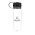 A drink bottle made of clear material with a black lid and a logo. It has a capacity of 620ml.