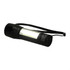 A black mini rechargeable flashlight with a clear lens and a strap. It features a logo.