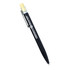 A black recycled aluminium pen with a bamboo clicker and a metal clip, featuring a logo on the barrel.