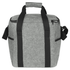 A drink bottle cooler bag in grey felt with black straps and zippered closure, featuring side pockets and a top handle.