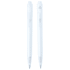 A clear plastic ballpoint pen featuring a simple design and a logo. Ideal for writing.