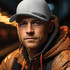 A grey cap is worn by a man with short hair and a serious expression, dressed in a brown jacket against a blurred background.