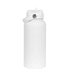 A drink bottle in white with a rubber coating and a screw cap, featuring a carrying strap and a logo.