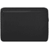 A black laptop sleeve featuring a sleek design with a zippered pocket. It includes a logo.