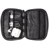 A grey organiser pouch containing charging cables and earbuds, featuring a logo on the exterior.