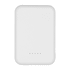 A white magnetic power bank with a sleek design and four indicator lights. It has a branding logo on the surface.