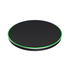 A black Qi wireless charger with a minimalistic design and a subtle multicoloured LED ring around the edge.