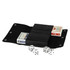 A black leather cover containing two decks of playing cards and three white dice. It features a logo.
