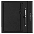 A black notebook with a pen, presented in a sleek black gift box, featuring a logo on the packaging.