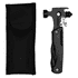 A black multi-tool and survival hammer with a sheath, featuring various tools and a logo.