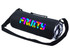A black picnic rug rolled up with a colourful logo and an adjustable strap for easy carrying.